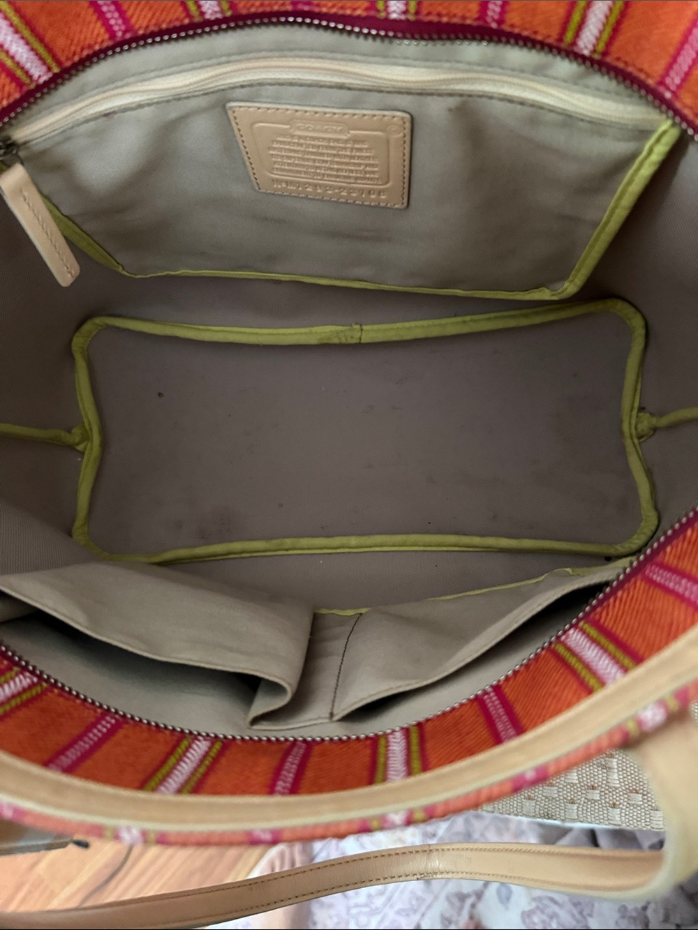 Coach Pink and Orange Striped Canvas Tote with Tan Leather Handles - Picture 5 of 8